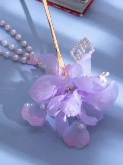 Coiffure Lolita Style Chinois Fleurs Violettes Perles Accessoire Métal Divers