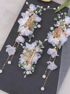 Coiffure Lolita Style Chinois Lilas Perles Chaînes Fleurs Accessoire Métal Divers