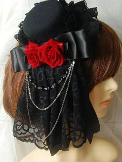 coiffure lolita style gothique bicolore avec noeud et fleur noire Tea party Coiffure Accessoire Déguisements Halloween