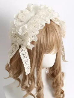 Coiffure Mignonne Lolita Accessoires Beige Volants N艙uds Dentelle