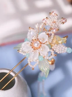 Coiffure Lolita Style Chinois Perles Blanches Fleurs Accessoire Métal Divers