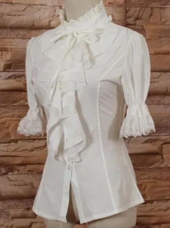 Col haut blanc Lolita Blouse moyen manches à volants Déguisements Halloween