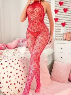Collants body rouge à strass motif c艙ur rouge lingerie intégrale en résille à col halter idéale pour la Saint-Valentin