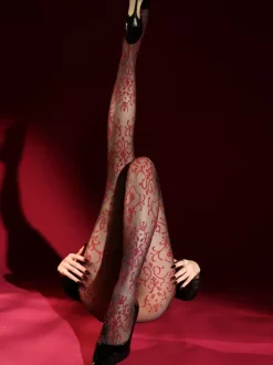 Collants en maille transparente rouge sexy à imprimé floral