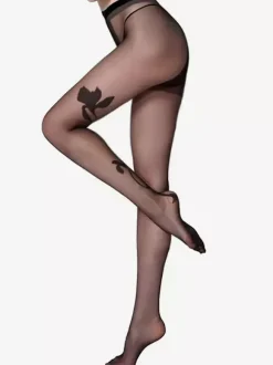 Collants et bas noirs transparents à imprimé floral et tatouage pour femmes