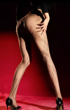 Collants et bas résille noirs en dentelle florale sans entrejambe