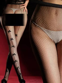 Collants résille noirs à n艙uds collants en maille transparente