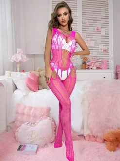 Collants bas résille transparente lingerie rose en maille transparente