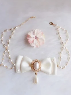 Collier Lolita Blanc Faux Perles N艙uds Doux Accessoires Lolita