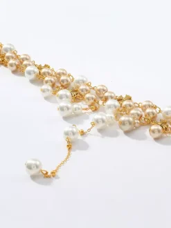Collier ras-de-cou à perles multi-tailles avec pompon en forme de Y et chaînette d'extension ajustable
