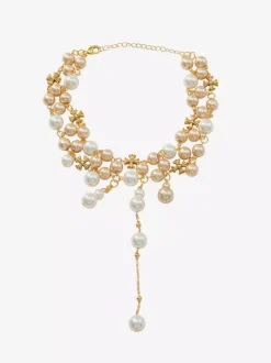 Collier ras-de-cou à perles multi-tailles avec pompon en forme de Y et chaînette d'extension ajustable