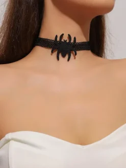 Collier ras-de-cou gothique en dentelle noire avec pendentif araignée croix et papillon style punk sombre