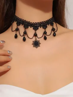 Collier ras-de-cou vintage avec pendentif tournesol en dentelle double couche perles noires et pompon style gothique victorien.