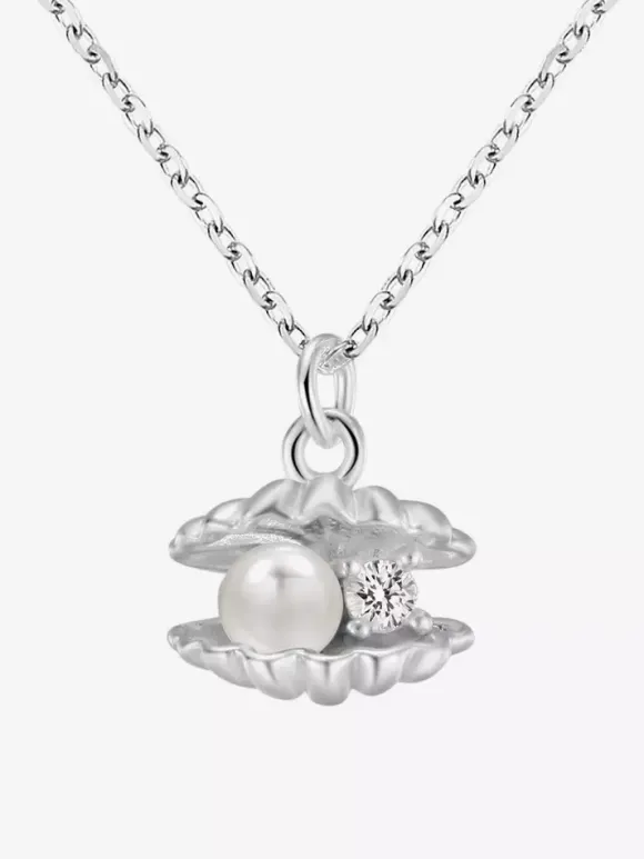 Collier pendentif coquillage argenté perle incrustée et petit zircon bijou délicat pour tous les jours