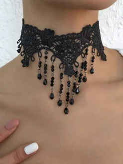 Collier Ras Du Cou En Dentelle Gothique Avec Pompon En Cristal Dentelle Femme Sexy