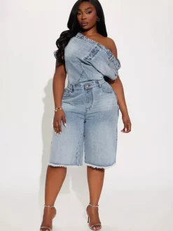 Combinaison bleue à encolure crantée sans manches en jean ample pour l'été