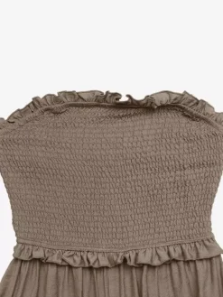 Combinaison bustier taupe unie à volants buste smocké taille haute élastique jambes larges style décontracté idéale pour les vacances.