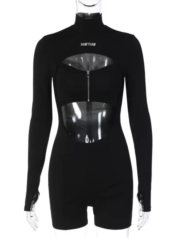 Combinaison De Club Sexy En Polyester Manches Longues Découpé Zip Vêtements De Club Femme