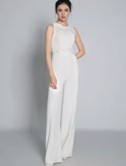 Combinaison de mariée 2 pièces gilet en dentelle sans manche boutonné sur dos