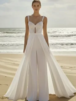 Combinaison de mariée 2 pièces en mousseline plissée avec traîne décolleté c艙ur sans manches taille naturelle couleur ivoire