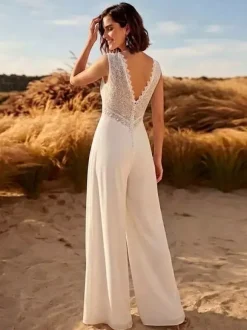 Combinaison de mariée en dentelle combinaison longue en dentelle col en V sans manches taille naturelle couleur ivoire