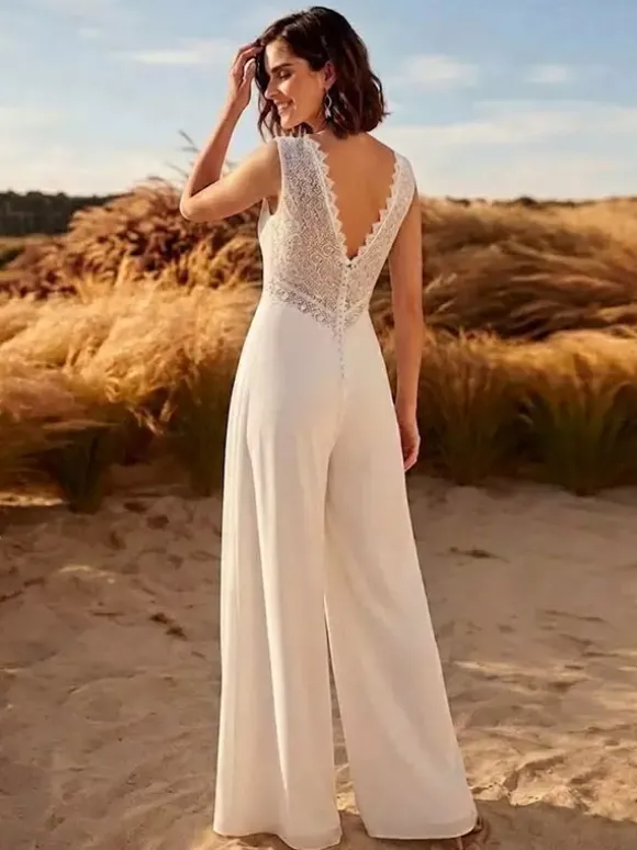 Combinaison de mariée en dentelle combinaison longue en dentelle col en V sans manches taille naturelle couleur ivoire