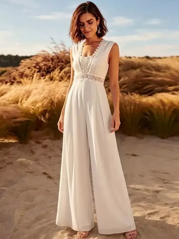 Combinaison de mariée en dentelle combinaison longue en dentelle col en V sans manches taille naturelle couleur ivoire