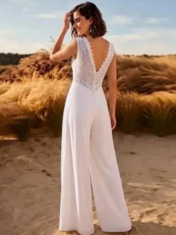 Combinaison de mariée en dentelle combinaison longue en dentelle col en V sans manches taille naturelle couleur ivoire