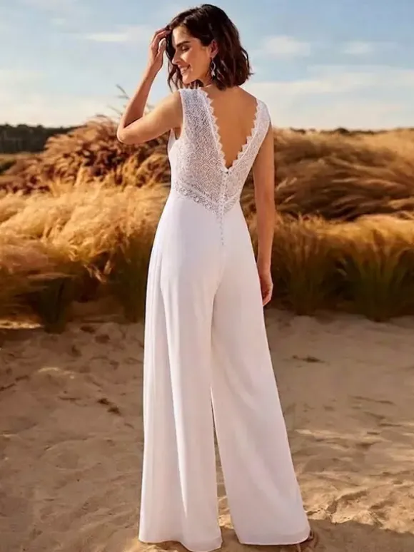 Combinaison de mariée en dentelle combinaison longue en dentelle col en V sans manches taille naturelle couleur ivoire
