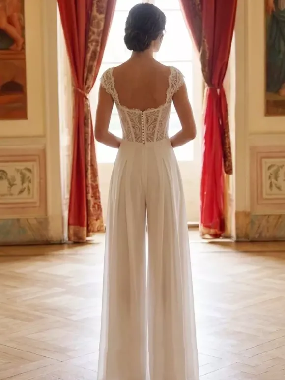 Combinaison de mariée en dentelle appliquée longue jusqu'au sol décolleté travaillé manches courtes taille naturelle couleur ivoire