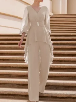 Combinaison de mère de mariée tenue d'invitée de mariage col V manche longue