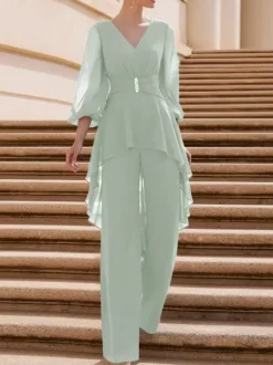 Combinaison de mère de mariée tenue d'invitée de mariage col V manche longue