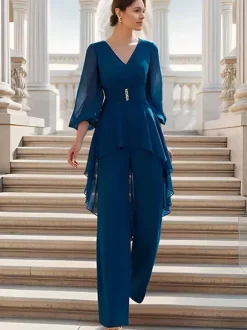 Combinaison de mère de mariée tenue d'invitée de mariage col V manche longue