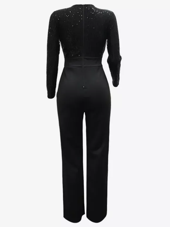 Combinaison de soirée à rayures pailletées col en V et ceinture à jambes larges pour femme 2026
