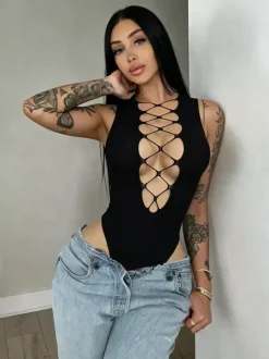 Combinaison de soirée sexy sans manches à décolleté en V et découpes