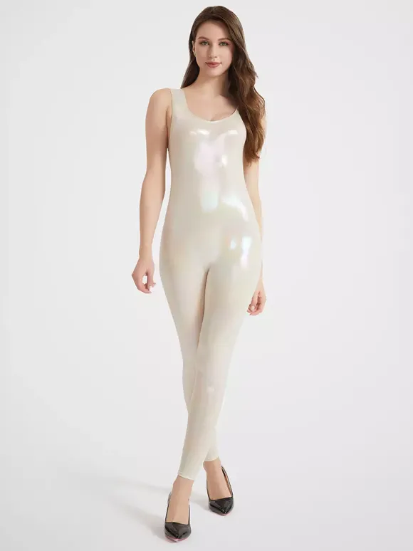 Combinaison de sport brillante à bretelles pour femme sexy pour le yoga effet latex haute élasticité