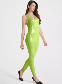 Combinaison de sport brillante à bretelles pour femme sexy pour le yoga effet latex haute élasticité