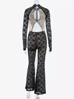 Combinaison en dentelle ajourée pour femme - Combinaison noire gothique à dos ouvert imprimé floral transparent et évasée - Tenue de soirée printanière 2026