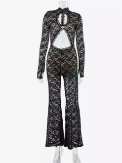 Combinaison en dentelle ajourée pour femme - Combinaison noire gothique à dos ouvert imprimé floral transparent et évasée - Tenue de soirée printanière 2026