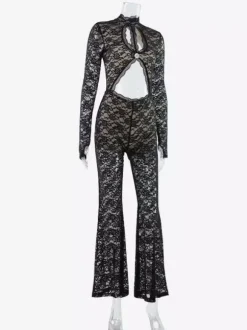 Combinaison en dentelle ajourée pour femme - Combinaison noire gothique à dos ouvert imprimé floral transparent et évasée - Tenue de soirée printanière 2026