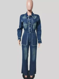 Combinaison en jean à bords effilochés pour femme - Combinaison moulante en jean à jambes larges et effet usé - Collection streetwear décontractée printemps 2026
