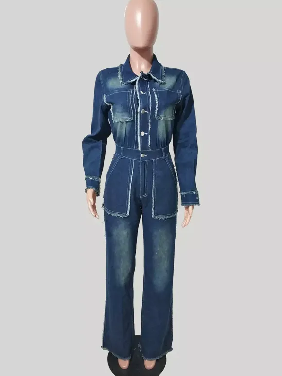 Combinaison en jean à bords effilochés pour femme - Combinaison moulante en jean à jambes larges et effet usé - Collection streetwear décontractée printemps 2026