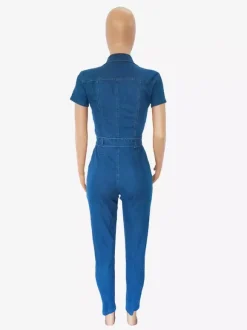 Combinaison en jean à manches courtes pour femme - Combinaison-short en jean bleu décontracté avec fermeture éclair et ceinture coupe skinny - Tenue de soirée quotidienne toutes saisons 2026