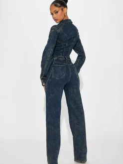 Combinaison en jean à manches longues pour femme - Combinaison moulante vintage à jambes larges et boutons - Collection printemps streetwear 2026