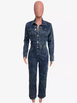 Combinaison en jean à manches longues pour femme - Combinaison moulante vintage à jambes larges et boutons - Collection printemps streetwear 2026