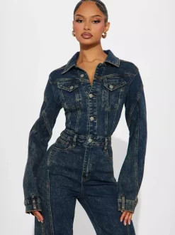 Combinaison en jean à manches longues pour femme - Combinaison moulante vintage à jambes larges et boutons - Collection printemps streetwear 2026