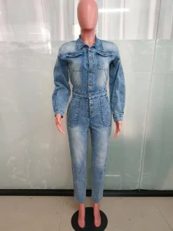 Combinaison en jean à manches longues pour femme - Salopette crayon bleu délavé à taille élastique - Collection printemps-été 2026