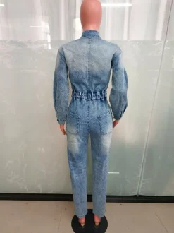 Combinaison en jean à manches longues pour femme - Salopette crayon bleu délavé à taille élastique - Collection printemps-été 2026