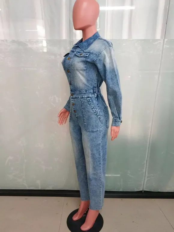 Combinaison en jean à manches longues pour femme - Salopette crayon bleu délavé à taille élastique - Collection printemps-été 2026