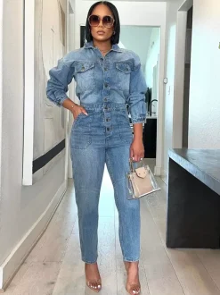 Combinaison en jean à manches longues pour femme - Salopette crayon bleu délavé à taille élastique - Collection printemps-été 2026